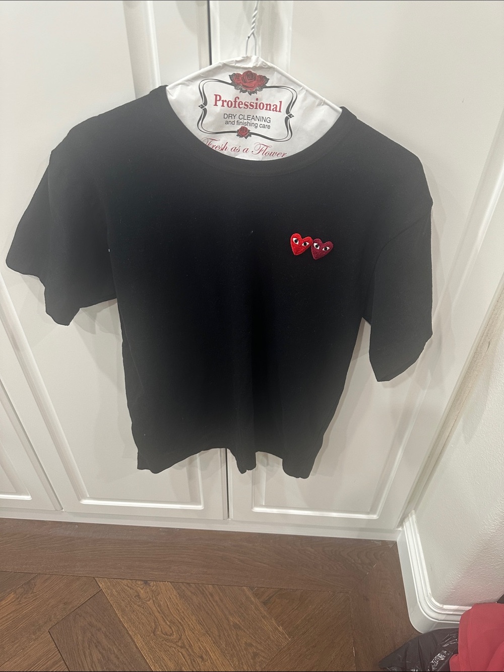 Comme des Garcons Black Tee with Twin Red Heart Patches